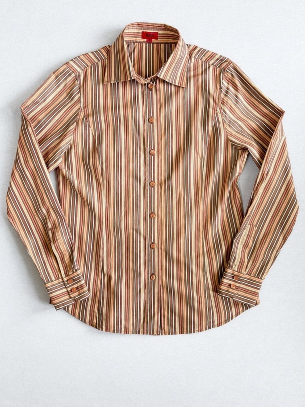Hugo Boss Women’s Button Down Shirt Size 40 Brown Stripe Slim Fit Cotton